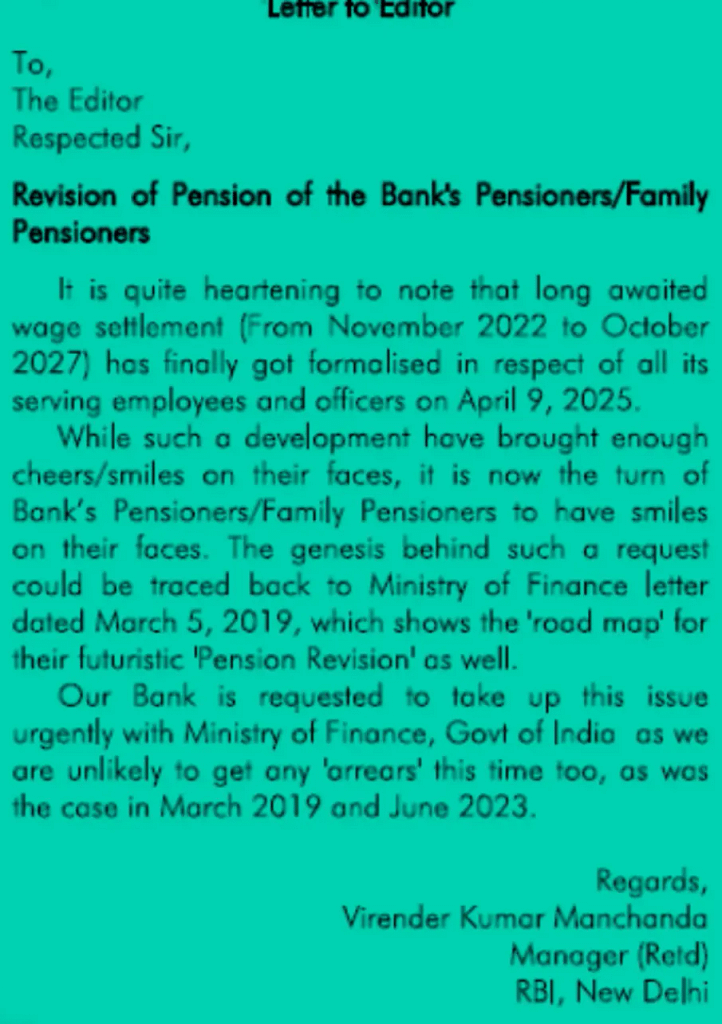 AIRBREA Urge Settlement of Pending Pension Issues 2 Pension Revision letter to editor in RBI Newsletter